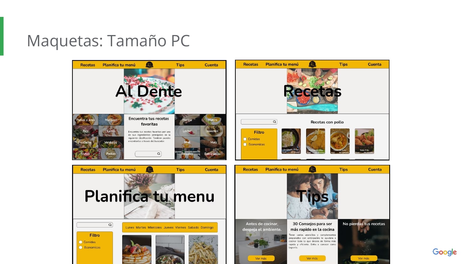 Imagenes de las maquetas version web de al dente en el que se ve la pagina priniciapl, la pagina de recetas, la pagina de planifica tu menu y la pagina de tips